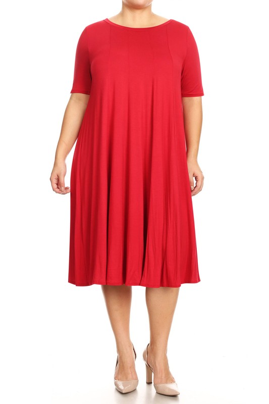Jersey Knit Midi A-Line Dress - Plus Size, Loose Fit, Short Sleeve