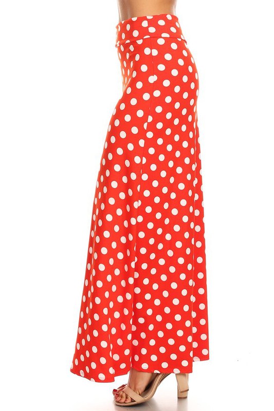 Polka Dot Maxi Length Skirt - High Waisted A-Line Maxi Skirt with Foldable Waistband