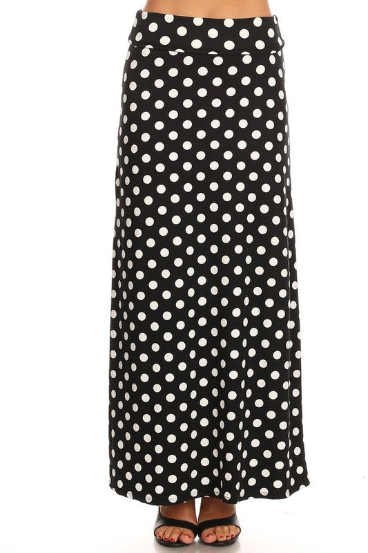 Polka Dot Maxi Length Skirt - High Waisted A-Line Maxi Skirt with Foldable Waistband