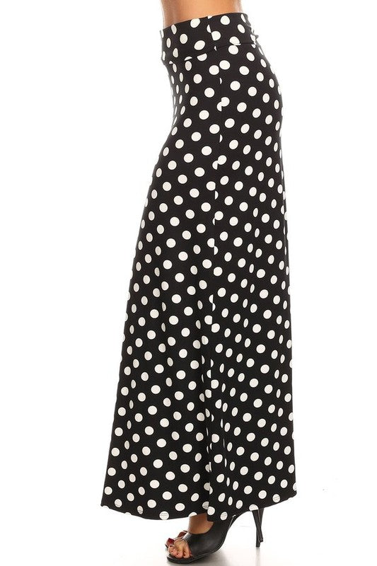 Polka Dot Maxi Length Skirt - High Waisted A-Line Maxi Skirt with Foldable Waistband