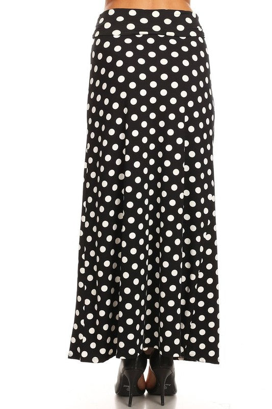 Polka Dot Maxi Length Skirt - High Waisted A-Line Maxi Skirt with Foldable Waistband