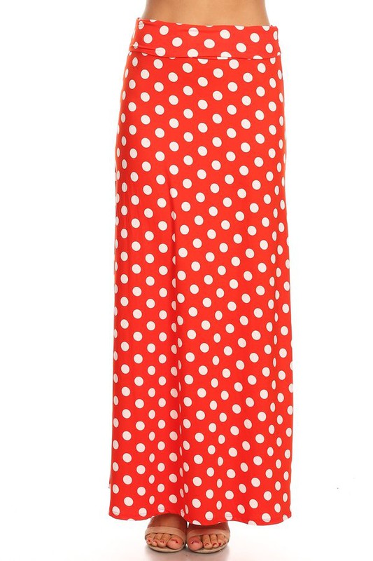Polka Dot Maxi Length Skirt - High Waisted A-Line Maxi Skirt with Foldable Waistband