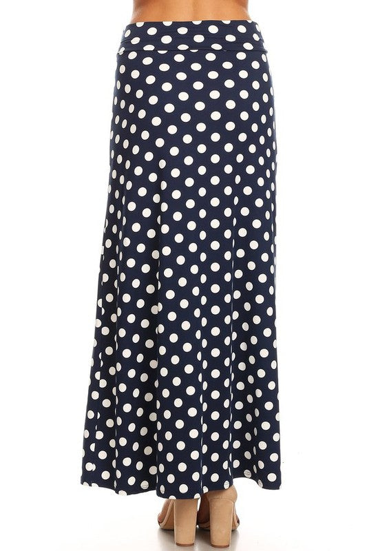 Polka Dot Maxi Length Skirt - High Waisted A-Line Maxi Skirt with Foldable Waistband