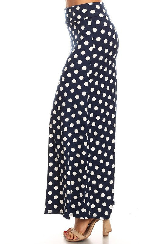 Polka Dot Maxi Length Skirt - High Waisted A-Line Maxi Skirt with Foldable Waistband