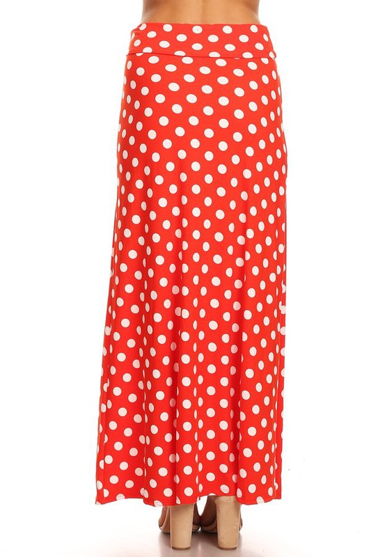 Polka Dot Maxi Length Skirt - High Waisted A-Line Maxi Skirt with Foldable Waistband