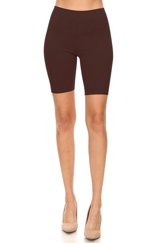 Solid High Waist Biker Shorts - Elastic Waist, Comfortable Fit