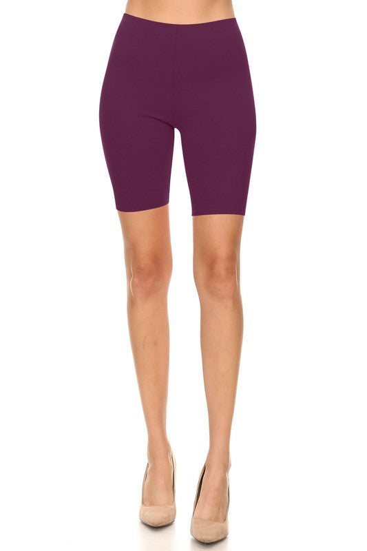 Solid High Waist Biker Shorts - Elastic Waist, Comfortable Fit