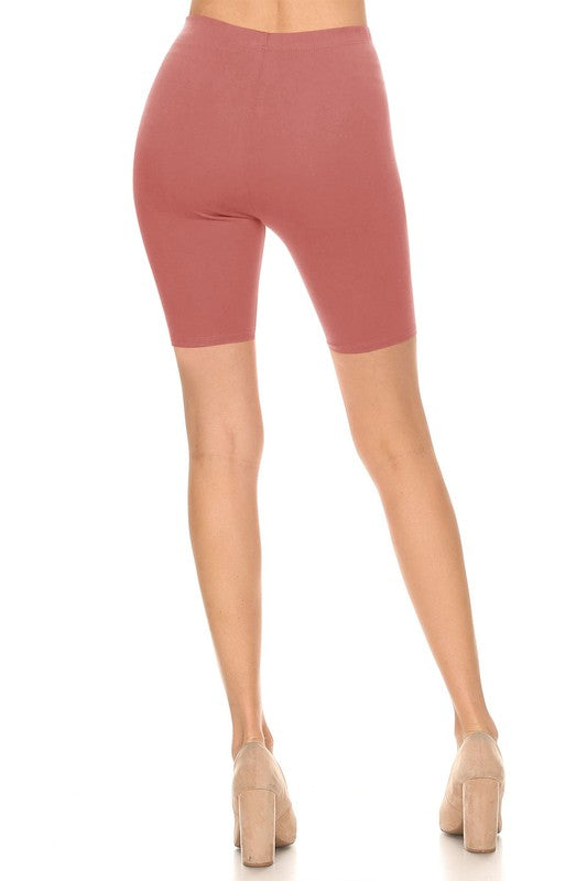 Solid High Waist Biker Shorts - Elastic Waist, Comfortable Fit