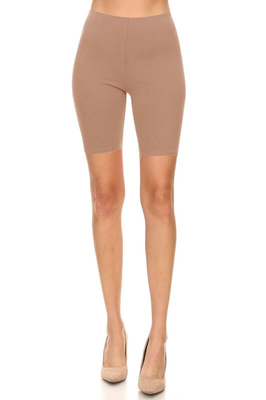 Solid High Waist Biker Shorts - Elastic Waist, Comfortable Fit