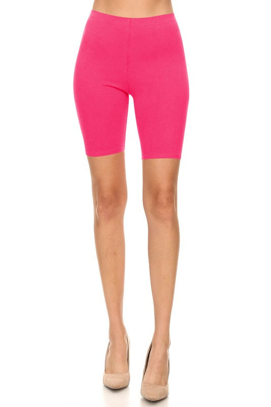 Solid High Waist Biker Shorts - Elastic Waist, Comfortable Fit