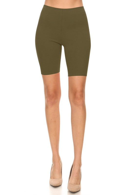 Solid High Waist Biker Shorts - Elastic Waist, Comfortable Fit