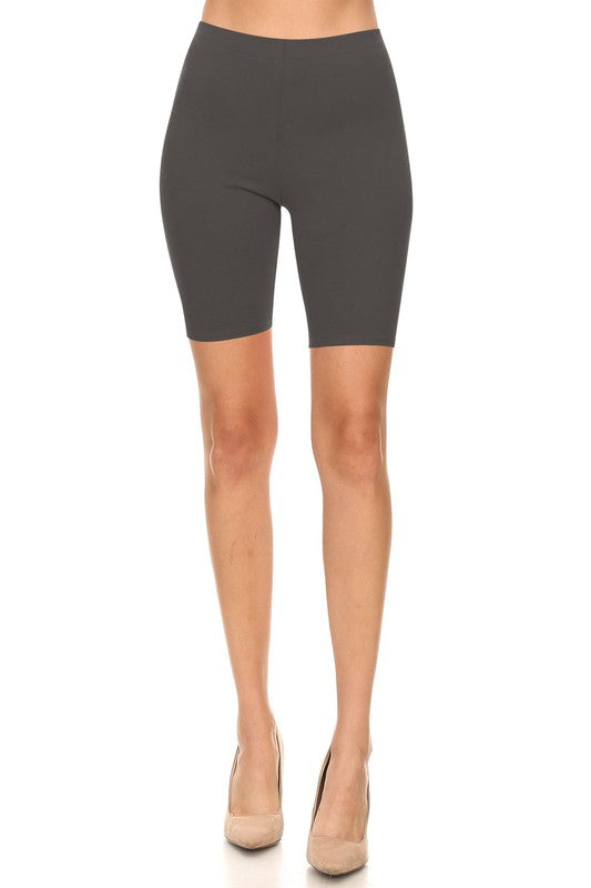 Solid High Waist Biker Shorts - Elastic Waist, Comfortable Fit