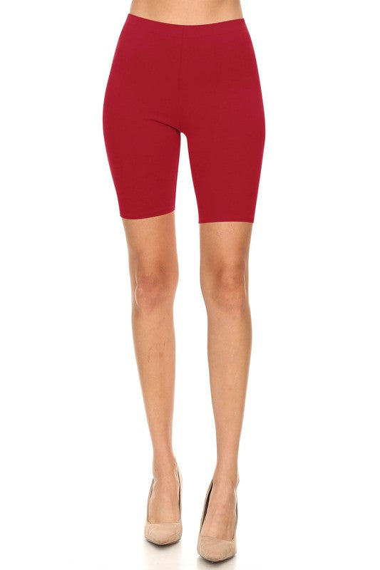 Solid High Waist Biker Shorts - Elastic Waist, Comfortable Fit