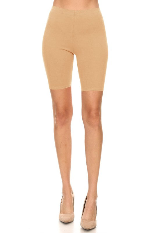 Solid High Waist Biker Shorts - Elastic Waist, Comfortable Fit