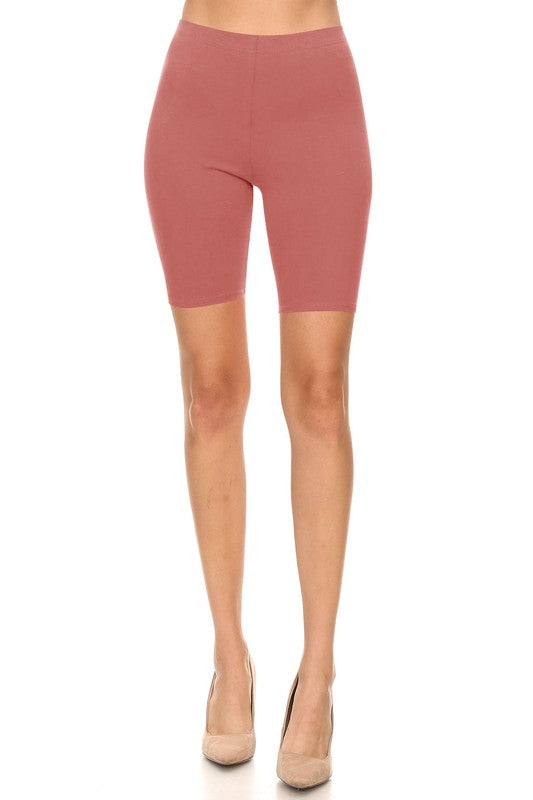 Solid High Waist Biker Shorts - Elastic Waist, Comfortable Fit