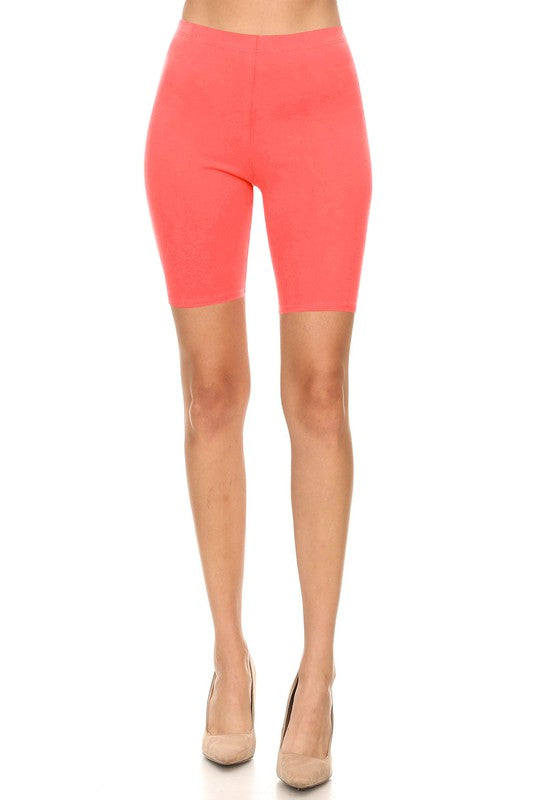 Solid High Waist Biker Shorts - Elastic Waist, Comfortable Fit