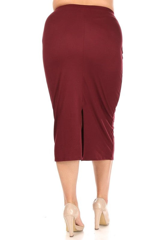 Solid Midi Skirt - Pencil Silhouette with High Waist and Back Slit
