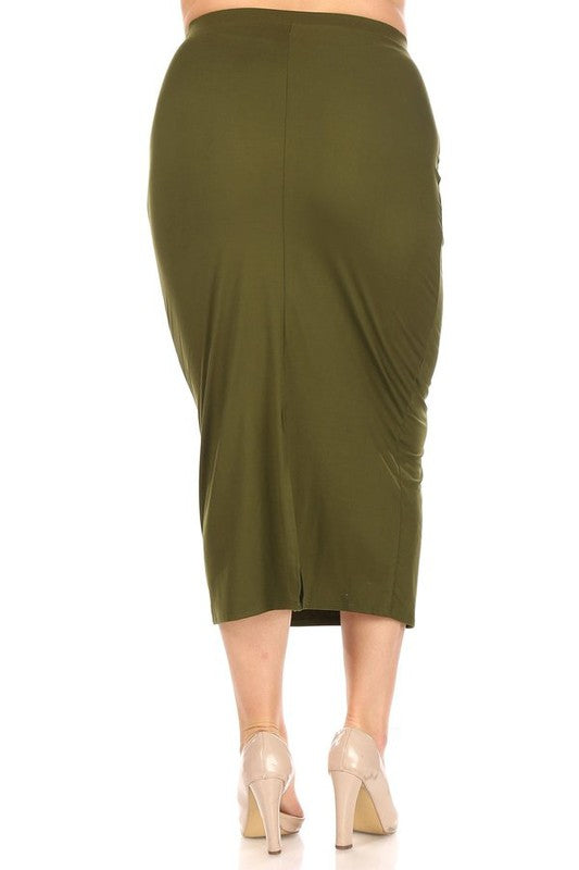 Solid Midi Skirt - Pencil Silhouette with High Waist and Back Slit