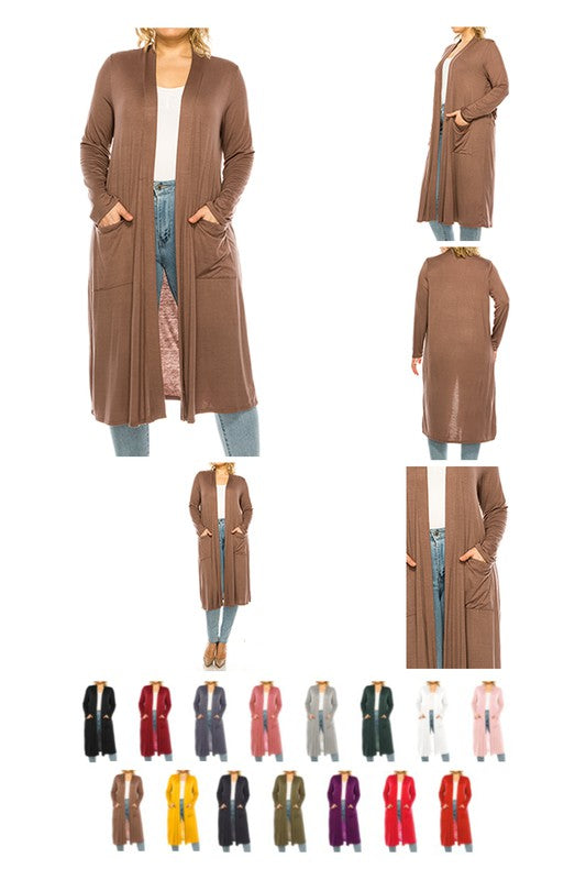 Solid Duster Cardigan Plus Size Loose Fit Open Front Long Sleeves Side Pockets