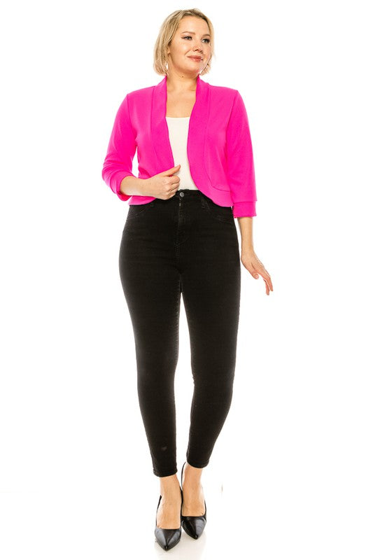 MOA Plus Size Solid Blazer Cardigan Waist Length Open Front 3/4 Sleeves