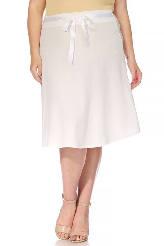 Plus Size Solid A-Line Knee Length Skirt with Waist Bow Tie Accent