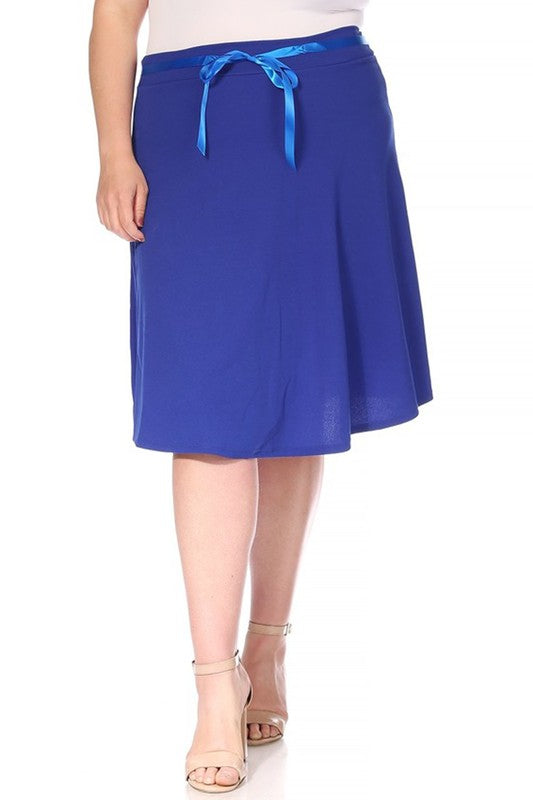 Plus Size Solid A-Line Knee Length Skirt with Waist Bow Tie Accent