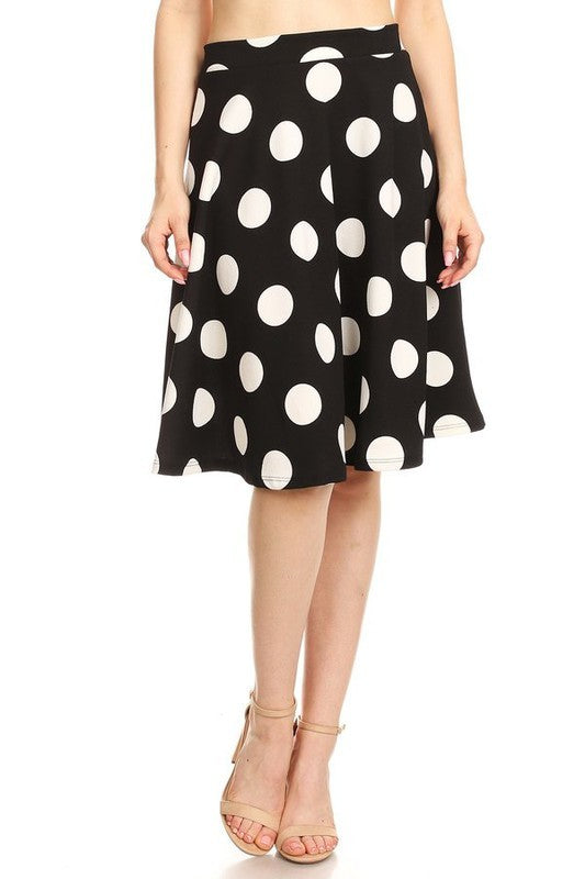 Polka Dot High Waisted Knee Length Skirt - A-Line Silhouette, Elastic Waistband