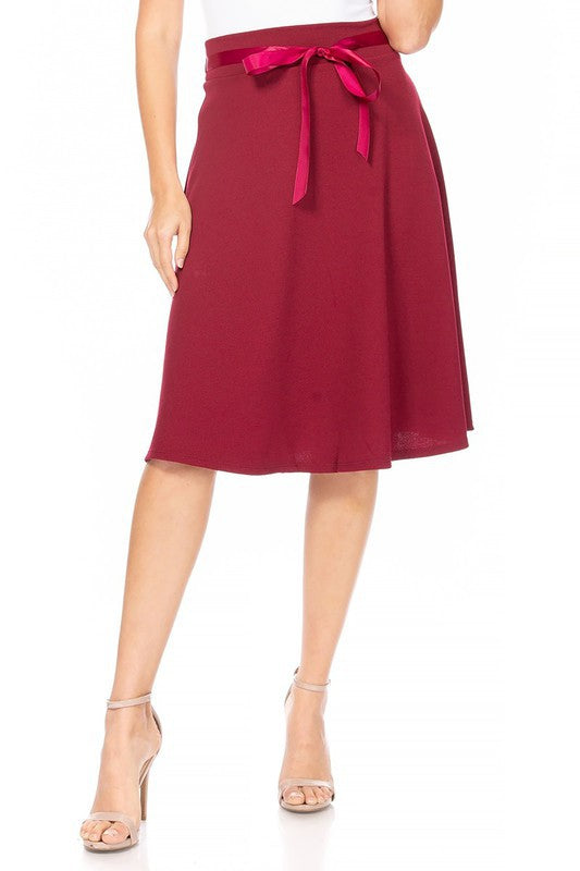 Solid A-line Skirt - Knee Length with Waist Bow Tie Accent