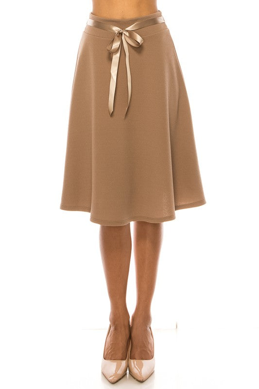Solid A-line Skirt - Knee Length with Waist Bow Tie Accent