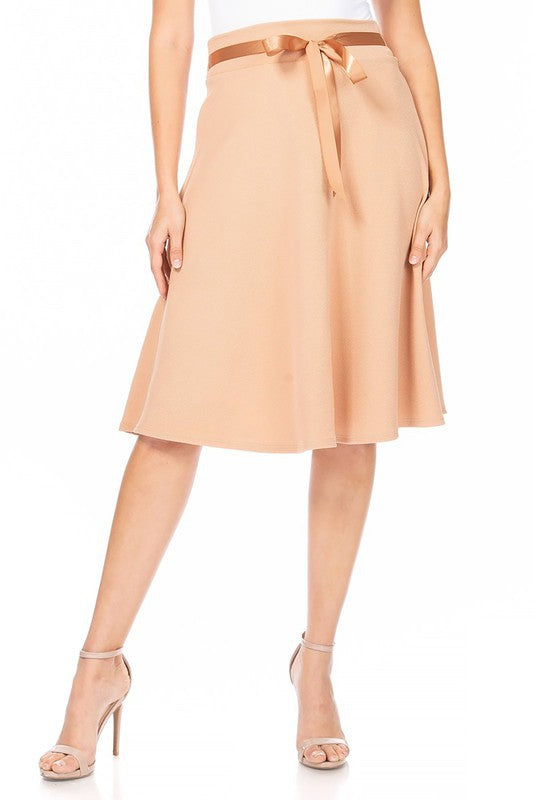 Solid A-line Skirt - Knee Length with Waist Bow Tie Accent