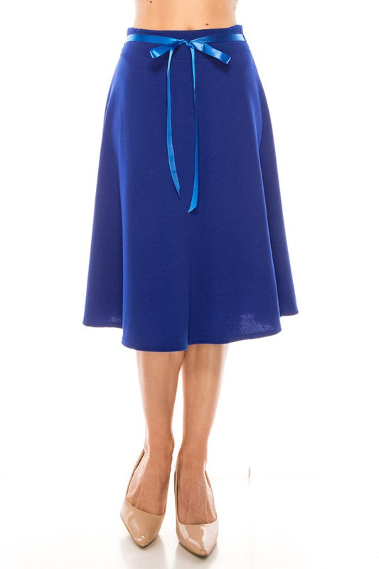 Solid A-line Skirt - Knee Length with Waist Bow Tie Accent