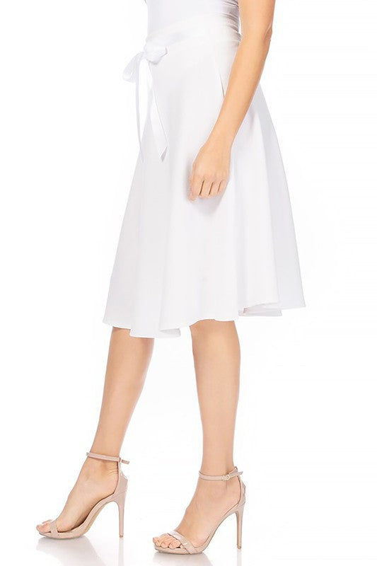 Solid A-line Skirt - Knee Length with Waist Bow Tie Accent