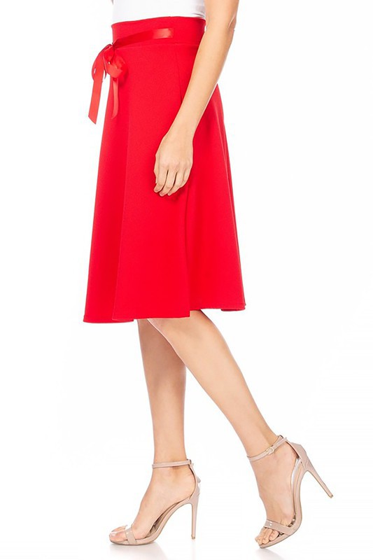 Solid A-line Skirt - Knee Length with Waist Bow Tie Accent
