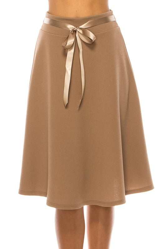 Solid A-line Skirt - Knee Length with Waist Bow Tie Accent