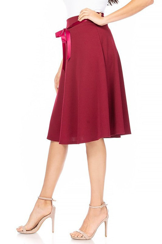 Solid A-line Skirt - Knee Length with Waist Bow Tie Accent