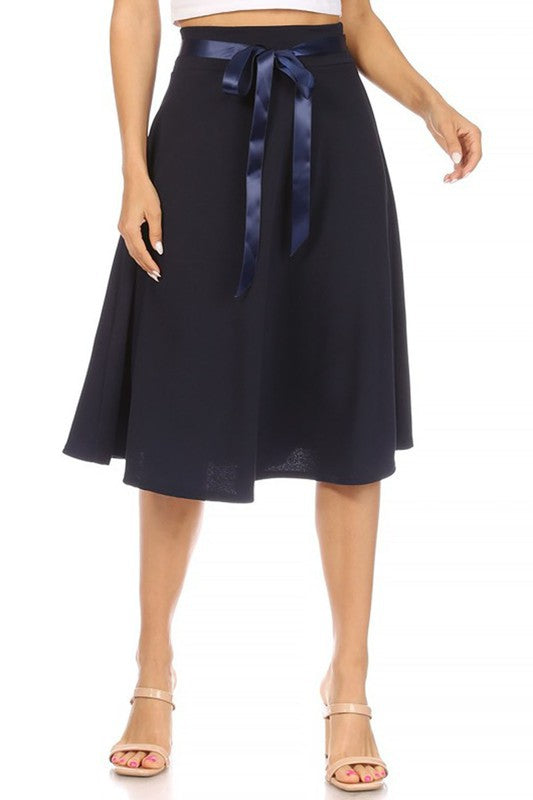 Solid A-line Skirt - Knee Length with Waist Bow Tie Accent