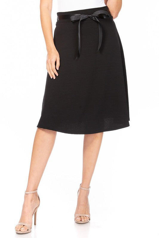 Solid A-line Skirt - Knee Length with Waist Bow Tie Accent