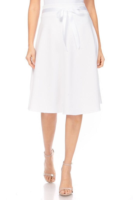 Solid A-line Skirt - Knee Length with Waist Bow Tie Accent
