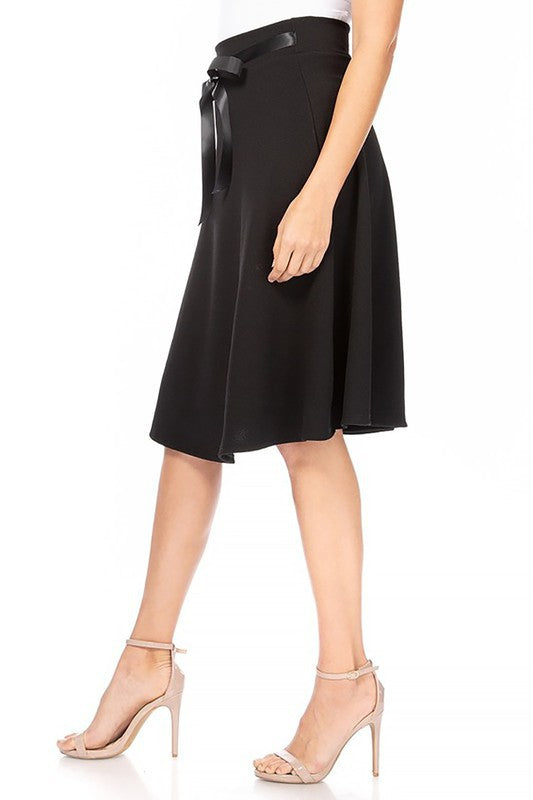 Solid A-line Skirt - Knee Length with Waist Bow Tie Accent