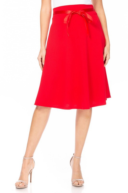Solid A-line Skirt - Knee Length with Waist Bow Tie Accent