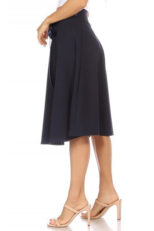 Solid A-line Skirt - Knee Length with Waist Bow Tie Accent