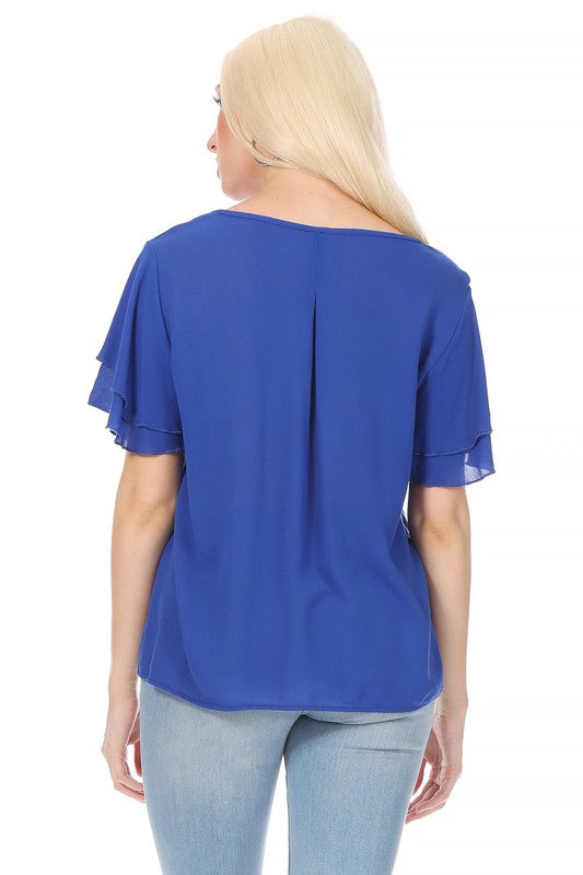 Short Flutter Sleeve Blouse - Elegant Style with Keyhole Neckline
