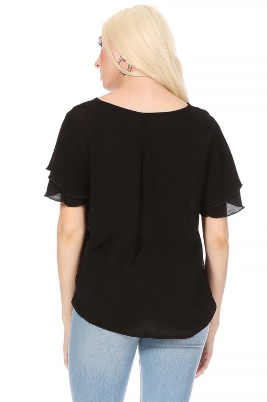 Short Flutter Sleeve Blouse - Elegant Style with Keyhole Neckline