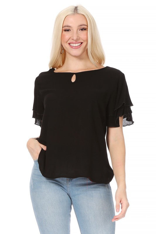 Short Flutter Sleeve Blouse - Elegant Style with Keyhole Neckline