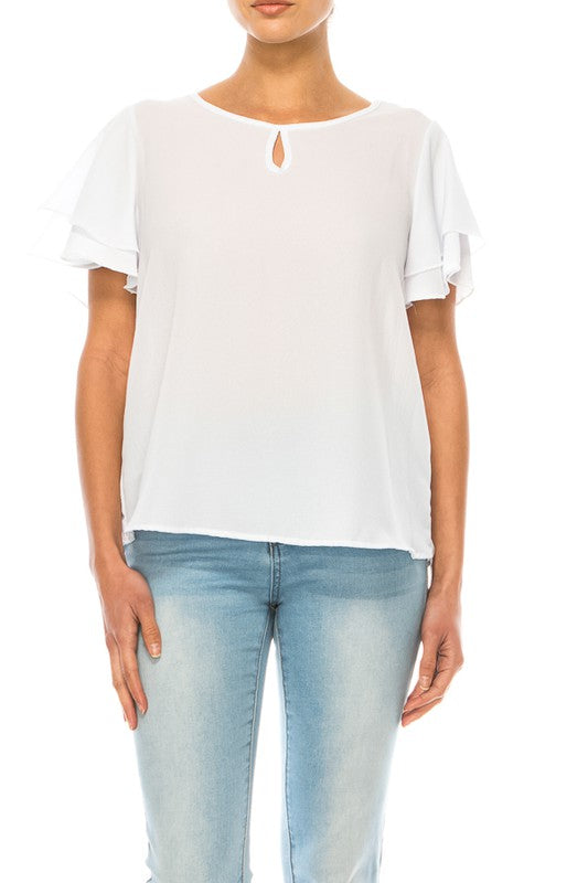 Short Flutter Sleeve Blouse - Elegant Style with Keyhole Neckline