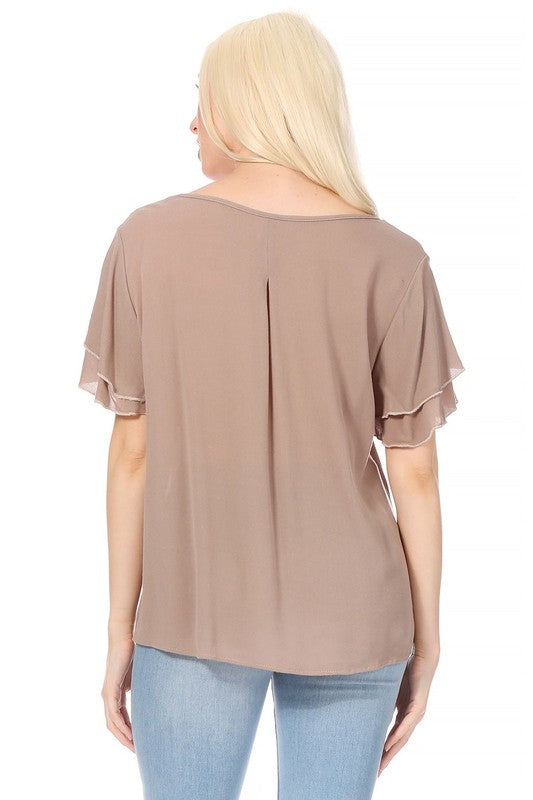 Short Flutter Sleeve Blouse - Elegant Style with Keyhole Neckline