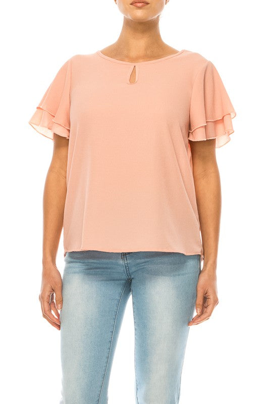 Short Flutter Sleeve Blouse - Elegant Style with Keyhole Neckline