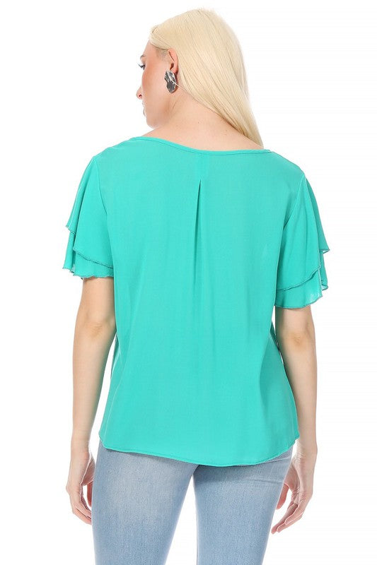 Short Flutter Sleeve Blouse - Elegant Style with Keyhole Neckline
