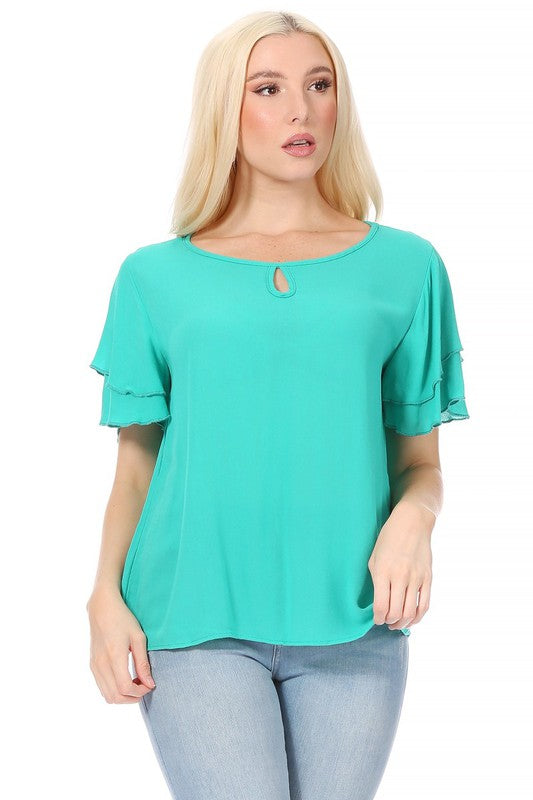 Short Flutter Sleeve Blouse - Elegant Style with Keyhole Neckline