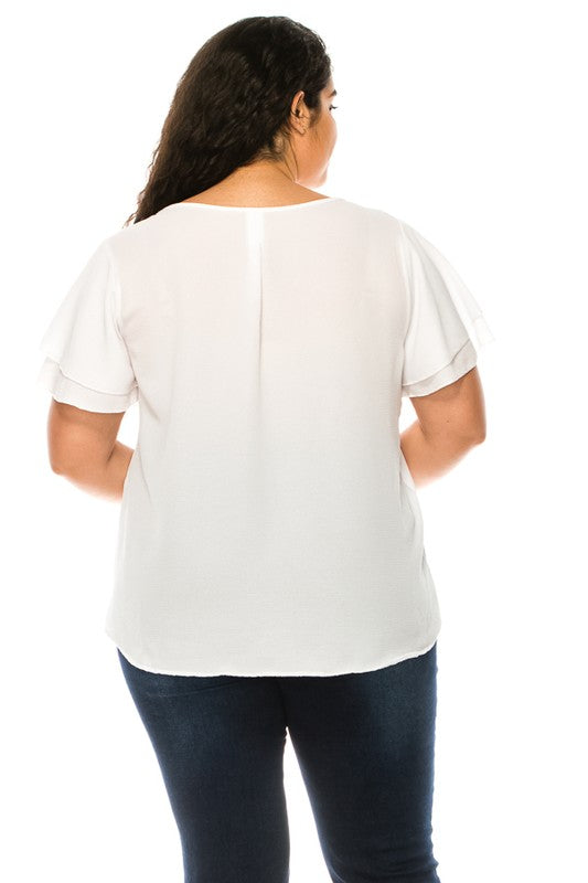Plus Size Short Flutter Sleeve Keyhole Blouse